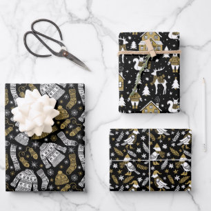 Scandi Winter Kerstmis Gold en Black Woodland Inpakpapier Vel