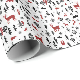 Scandi Winterbos met dieren in wit rood Cadeaupapier