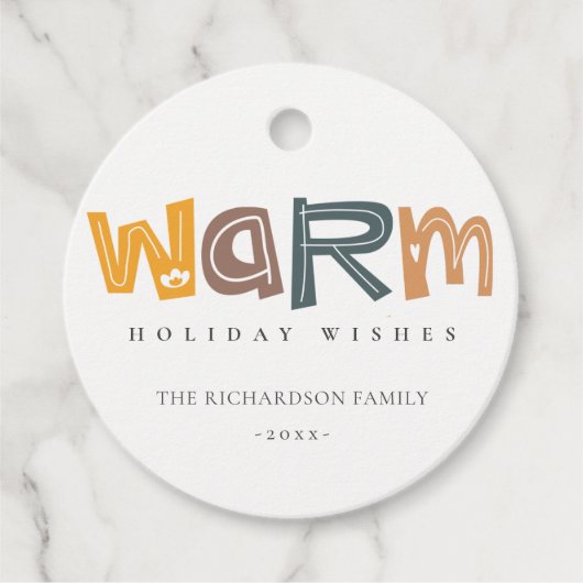 Scandi Yellow Grey Text Warm Wasting Kerstmis Bedankjes Labels (Voorkant)