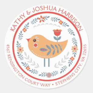 Scandinavian Bird and Flowers Retouradres Ronde Sticker
