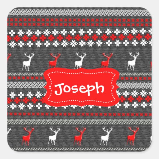 Scandinavian Deer Kerstpattern Personalized Vierkante Sticker (Voorkant)