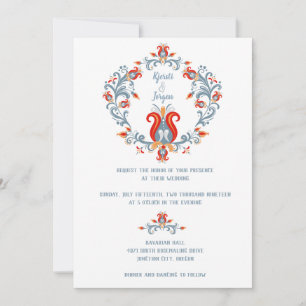 Scandinavian Folk Art Wedding Invitation Blue Kaart