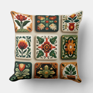 Scandinavian Folk Floral Tile Pattern Throw Pillow Kussen