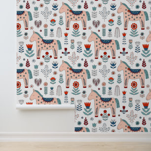 Scandinavian Horse Folk Art Pattern Behang