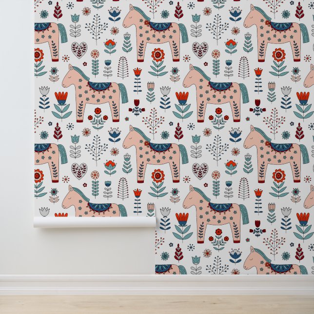 Scandinavian Horse Folk Art Pattern Behang (Applicatie)
