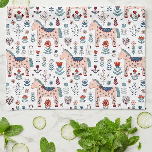 Scandinavian Horse Folk Art Pattern Theedoek (Gevouwen)