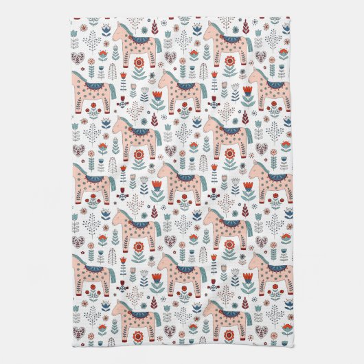 Scandinavian Horse Folk Art Pattern Theedoek (Verticaal)