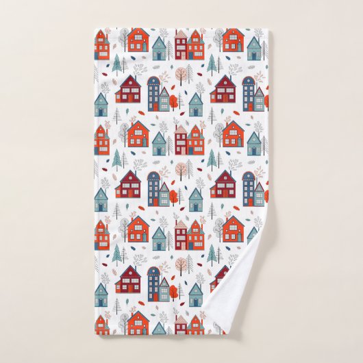 Scandinavian House Folk Art Pattern Bad Handdoek (Handdoek)