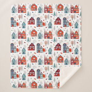 Scandinavian House Folk Art Pattern Sherpa Deken