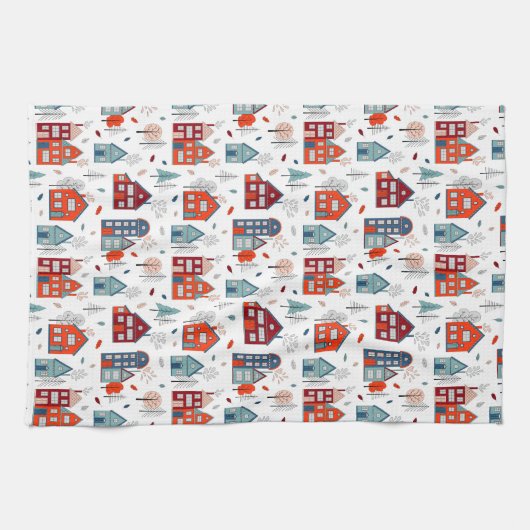 Scandinavian House Folk Art Pattern Theedoek (Horizontaal)