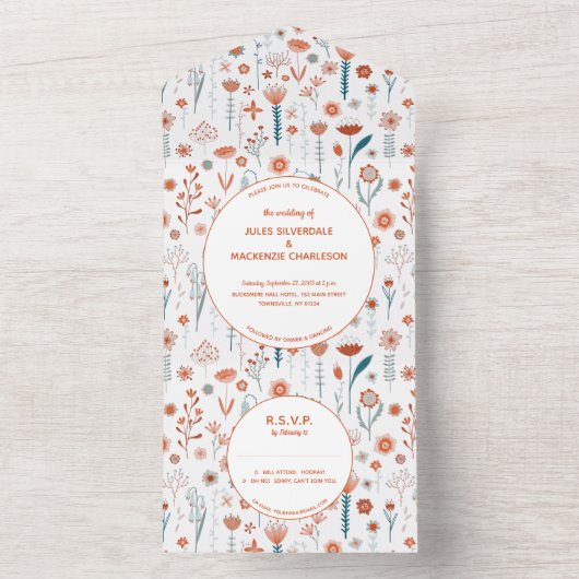 Scandinavian Summer Flowers Modern Boho Wedding All In One Uitnodiging (Binnen)