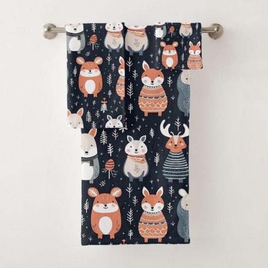 Scandinavian Woodland Animals Kerstwinter Bad Handdoek (Insitu)