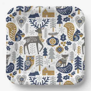 Scandinavian Woodland Animals Sneeuwvlokken Kerstm Papieren Bordje