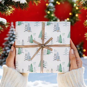 Scandinavisch Aquarel Kerstbomen Patroon Cadeaupapier