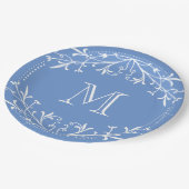 Scandinavisch blauw en wit stijlvol monogram papieren bordje (Gekanteld)