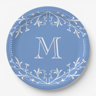 Scandinavisch blauw en wit stijlvol monogram papieren bordje