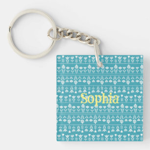 Scandinavisch blauw met witte bloemen Bewerkbaar Sleutelhanger
