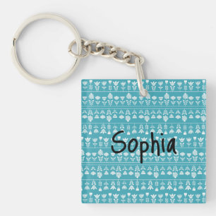 Scandinavisch blauw met witte bloemen Bewerkbaar Sleutelhanger