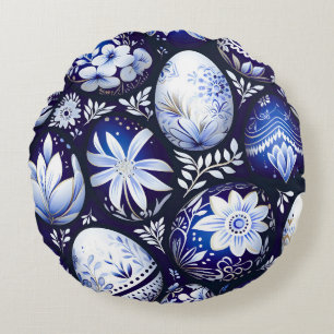Scandinavisch Blauw Paasei Lente Bloemmotief Rond Kussen