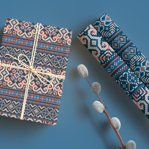 Scandinavisch Blauw & Perzik Winter Trui Patroon Inpakpapier Vel