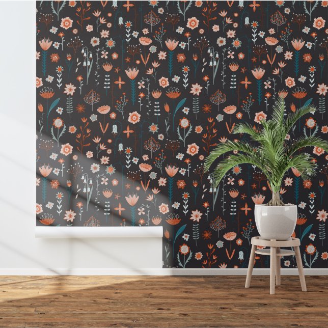 Scandinavisch bloemendonker behang (Scandinavian floral dark art wallpaper)