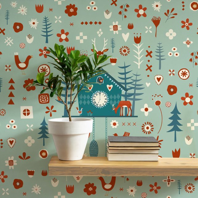 Scandinavisch bospatroon behang (Scandinavian Forest sage teal green folk art peel and stick wallpaper)