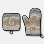 Scandinavisch Bruin Grijs Marmeren Initiaal Monogr Ovenwant & Pannenlap Set (Voorkant)