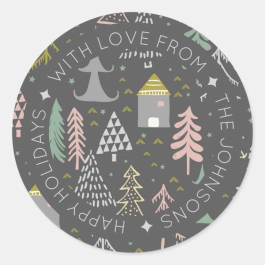 Scandinavisch Doodle-kerstdorp Gepersonaliseerd Ronde Sticker (Voorkant)