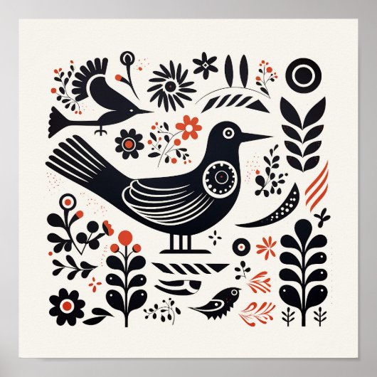 Scandinavisch Folk Bird Art Poster (Voorkant)