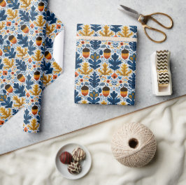 Scandinavisch herfstpatroon in Navy Bladeren & Ora Cadeaupapier