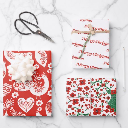 Scandinavisch kerstpatroon met bloemen en vogels inpakpapier vel (Voorkant)