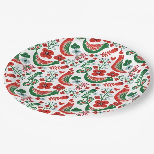 Scandinavisch kerstpatroon met bloemen en vogels papieren bordje (Gekanteld)