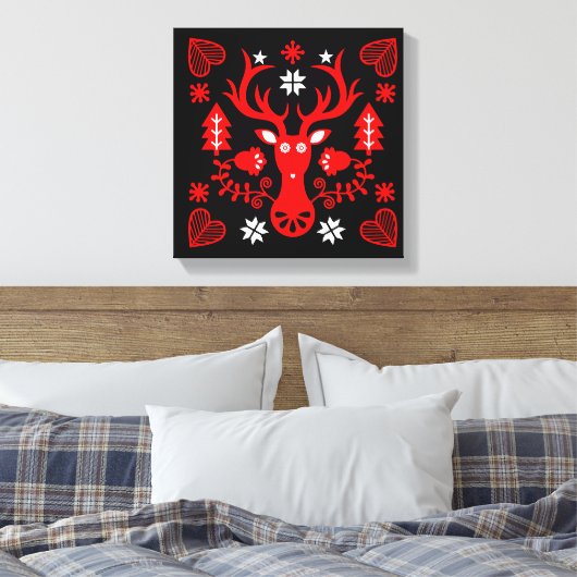 Scandinavisch rood kersthert canvas afdruk (Insitu (Slaapkamer))