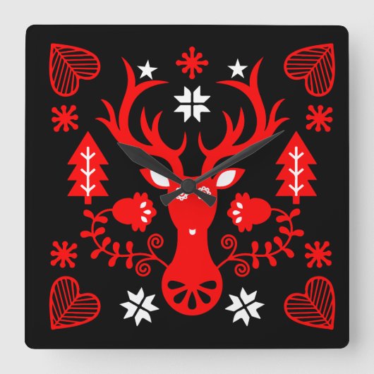 Scandinavisch rood kersthert vierkante klok (Voorkant)