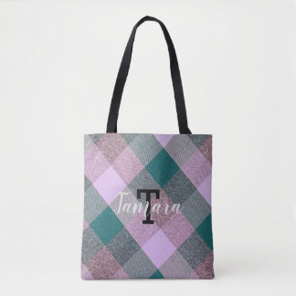 Scandinavisch Turquoise Roze Geruit Monogram Naam Draagtas