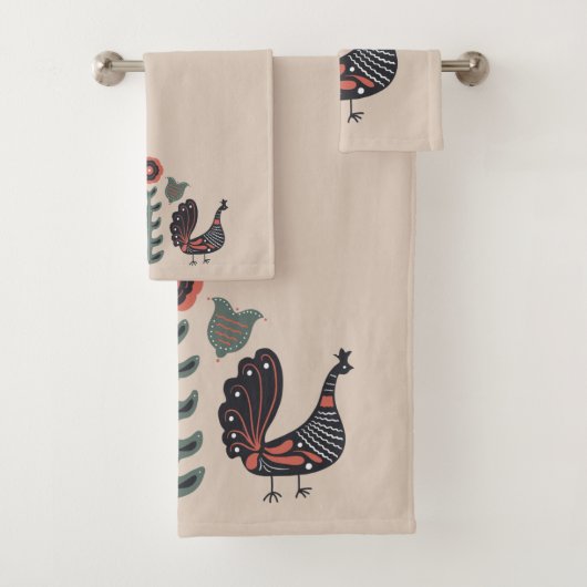 Scandinavisch Vogelpatroon Zand Groen Bad Handdoek (Insitu)