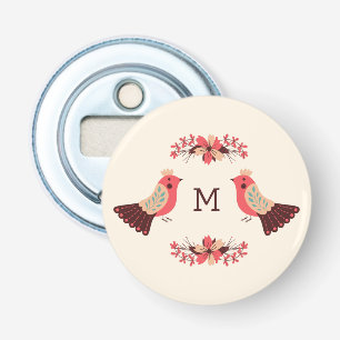 Scandinavisch volksmotief met vogels en bloemen button flesopener