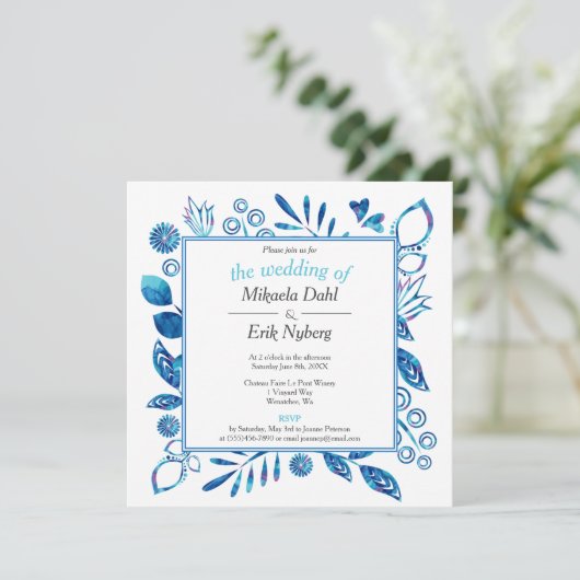 Scandinavisch winter blauw bloemenpatroon bruiloft kaart (Staand voorkant)