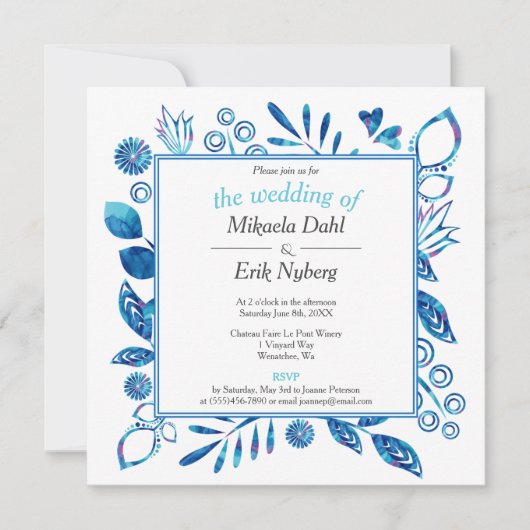 Scandinavisch winter blauw bloemenpatroon bruiloft kaart (Voorkant)