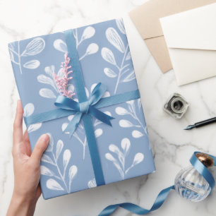 Scandinavisch Zachte Blauwe Blad Witte Bloem Motie Cadeaupapier