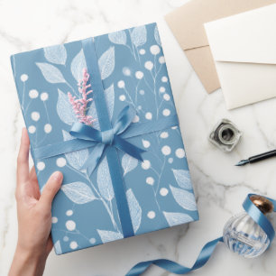 Scandinavisch Zachte Blauwe Blad Witte Bloemmotief Cadeaupapier
