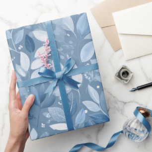 Scandinavisch Zachte Blauwe Blad Witte Bloemmotief Cadeaupapier