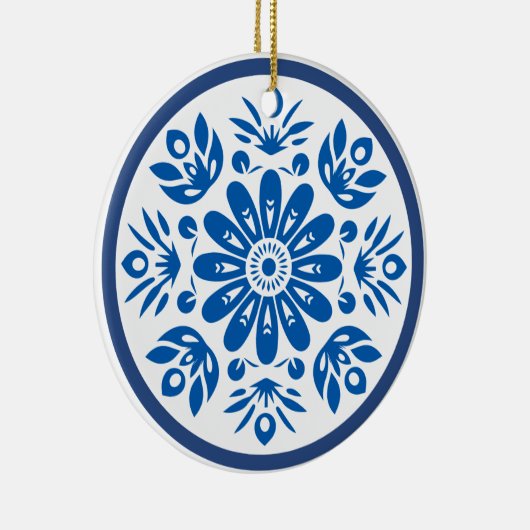 Scandinavische Blauwe en Witte Bloem Keramisch Ornament (Rechts)