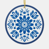 Scandinavische Blauwe en Witte Bloem Keramisch Ornament (Voorkant)
