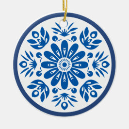 Scandinavische Blauwe en Witte Bloem Keramisch Ornament