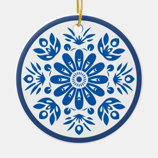 Scandinavische Blauwe en Witte Bloem Keramisch Ornament (Voorkant)