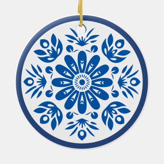 Scandinavische Blauwe en Witte Bloem Keramisch Ornament (Achterkant)