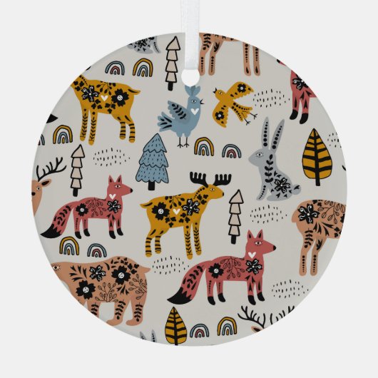 Scandinavische dieren, bloemig, schattig patroon. glas ornament (Achterkant)