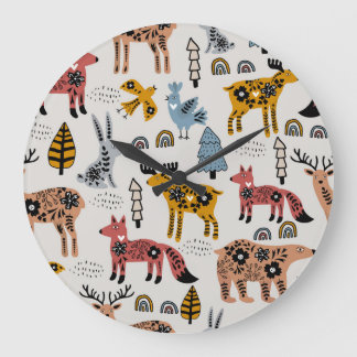Scandinavische dieren, bloemig, schattig patroon. grote klok
