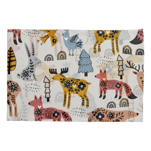 Scandinavische dieren, bloemig, schattig patroon. kussensloop (Achterkant)